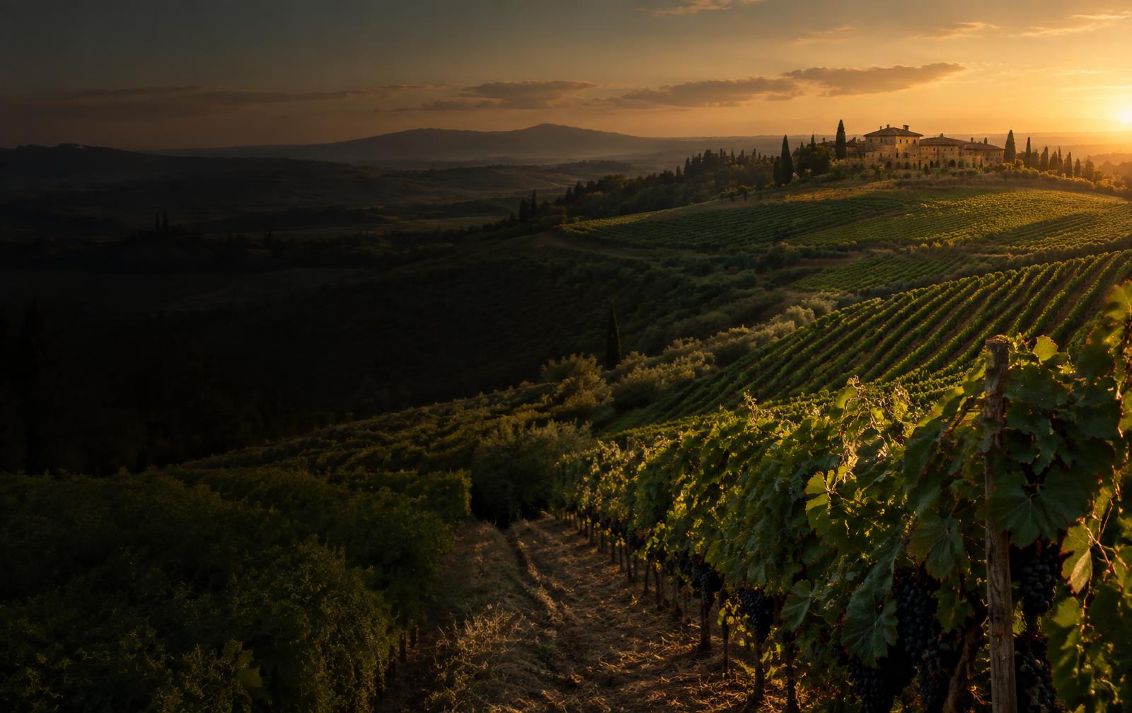 Paesaggio vinicolo immaginario al tramonto